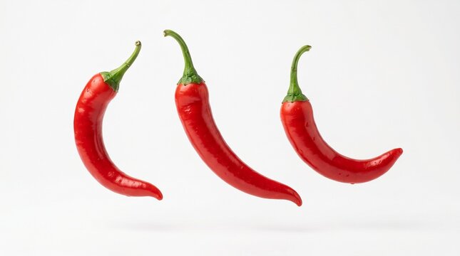 Three vibrant red chili peppers on a clean white background
