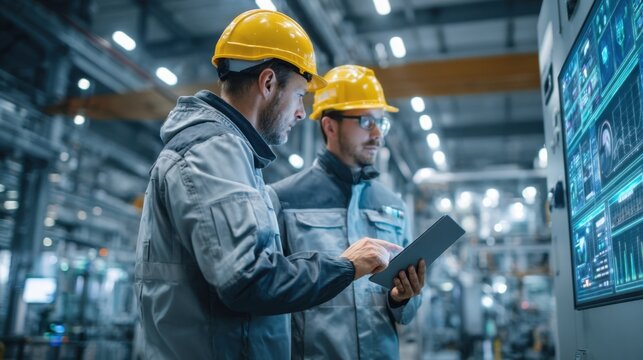 Two industrial engineers in safety helmets use a tablet to monitor digital dashboards on a factory floor, analyzing data and optimizing modern smart manufacturing processes.generative ai