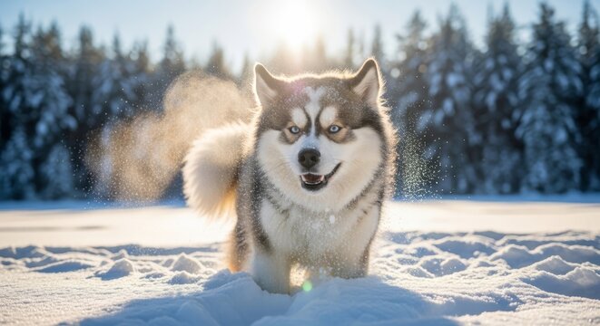 Fluffy Alaskan Husky in Snow During Winter Sunlight