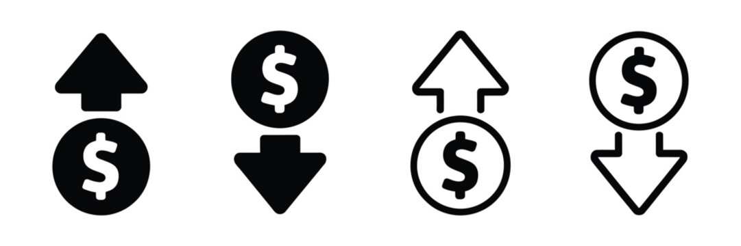 Dollar increase and decrease vector icons showing rising and falling currency trends