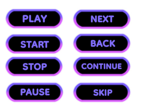 Dark and Light Purple Neon Glow 3D Media Control UI Button Set with Black Background, Bold Glossy Rounded Interface Elements for Play Next Start Back Stop Continue Pause Skip Controls