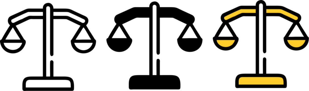 Set of 3 Scales of Justice Icons - Law Balance and Legal Symbols in Outline Solid and Yellow Styles - Vector