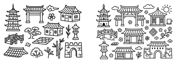Naklejka premium Asian architecture icons with pagoda gate bridge outline