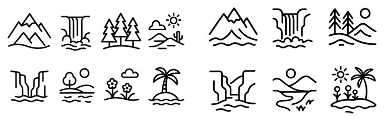 Fototapeta premium Nature icons with mountain tree waterfall outline