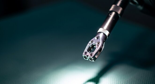 Close-up of robotic surgical instrument with precision jaws against a dark teal background, highlighting advanced medical technology