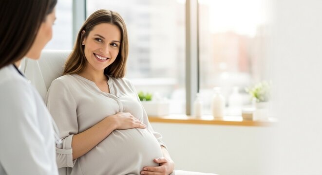 Pregnant woman smiling while talking to doctor in clinic examination room