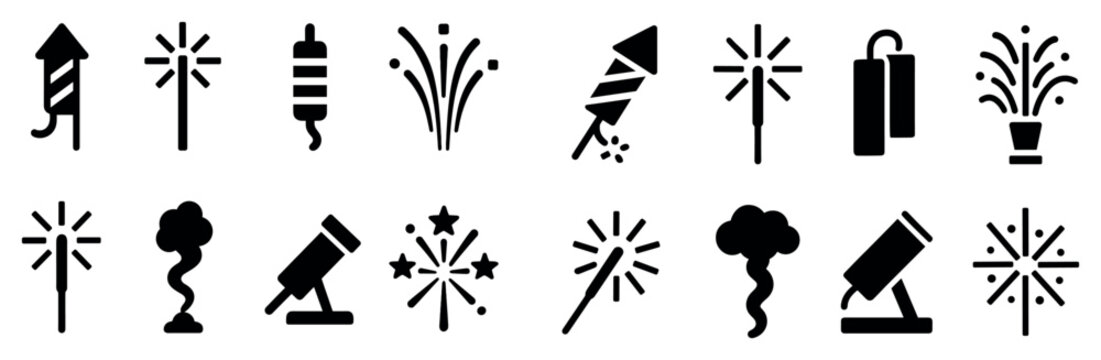 Celebration icons with rockets sparklers fireworks bold
