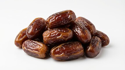 Obraz premium Fresh dried dates pile, glossy brown date fruits close-up, healthy natural snack ingredient for cooking and baking isolated PNG with Transparent Background