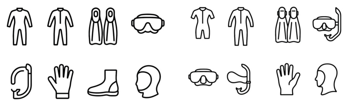 Sports icons with wetsuit fin mask outline