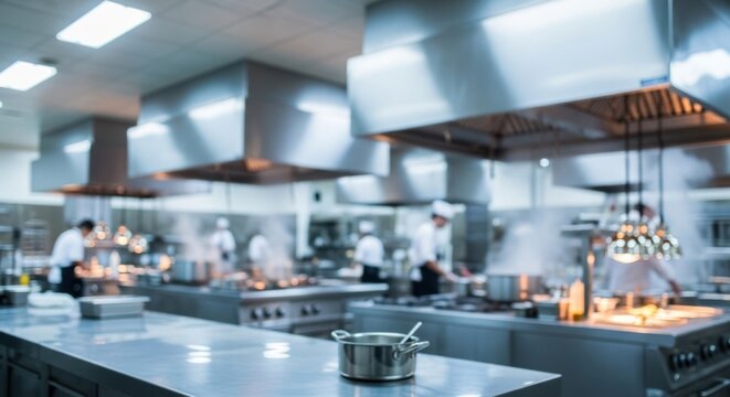 Busy Professional Commercial Kitchen with Chefs and Modern Equipment