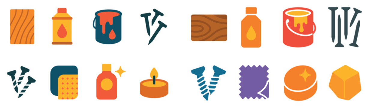 Woodwork icons with paint can nail sponge flat