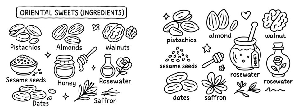 Food icons with pistachio almond saffron outline