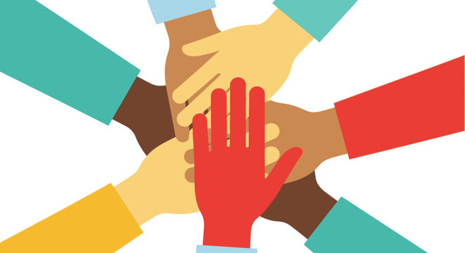 Diverse hands stacked together high.