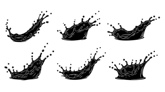 Dynamic black ink splashes and drips on a white background artistic representation