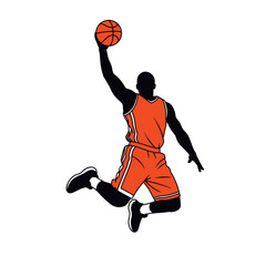 Silhouette of a basketball player in mid-air performing a slam dunk. © indah