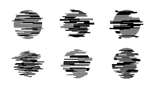 Set of abstract geometric circular shapes with glitch effects in black and white