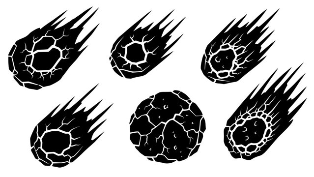 Set of black and white stylized meteorite illustrations with cracked textures and fiery tails