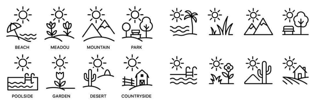 Nature travel icons with beach mountain park minimal