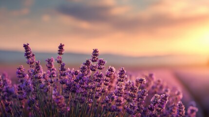 Obraz premium Vibrant Lavender Field at Sunset with Soft Golden Light and Colorful Sky in the Background