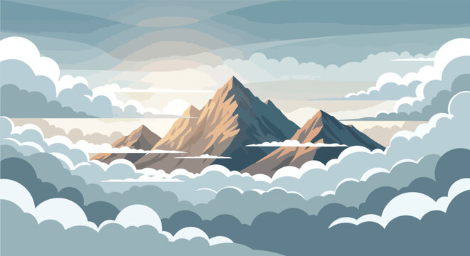 Majestic mountain peaks emerge from soft clouds, sun rays break through atmosphere