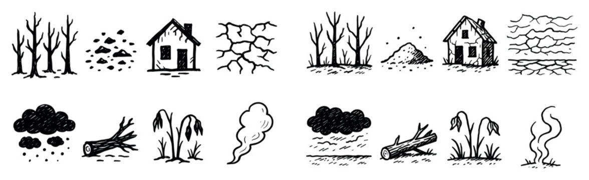 Nature damage icons with tree house crack sketch