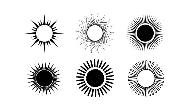 Collection of diverse sun icons in black and white vector graphics representing different styles