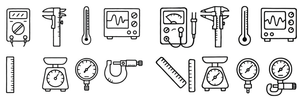 Measurement icons with multimeter caliper thermometer outline