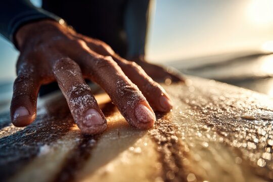 Hands only surfing enthusiast gripping edge of waxed surfboard with sunlight catching grains of sand