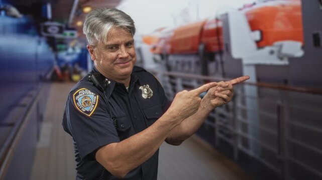 Man in police uniform pointing with hands and visible badge on ship deck beside orange lifeboat and metal railing, smiling wryly; approachable confidence.