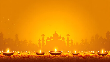 Obraz premium Traditional Diwali celebration with oil lamps and Taj Mahal silhouette