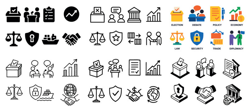 Political and legal icon set overview