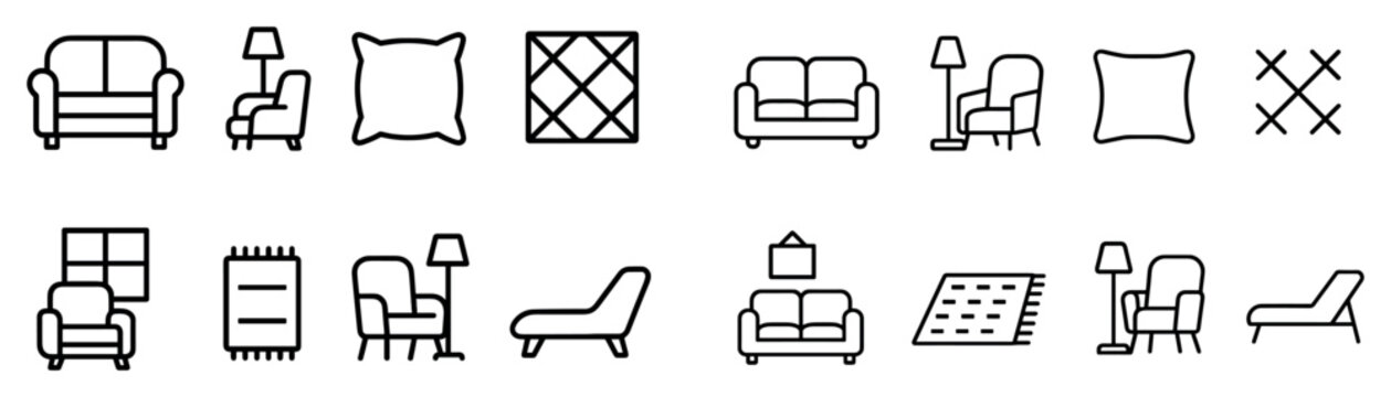 Home decor icons with sofa lamp pillow outline