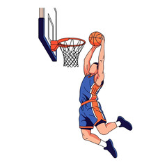 Basketball player performing a powerful slam dunk in mid-air. © indah