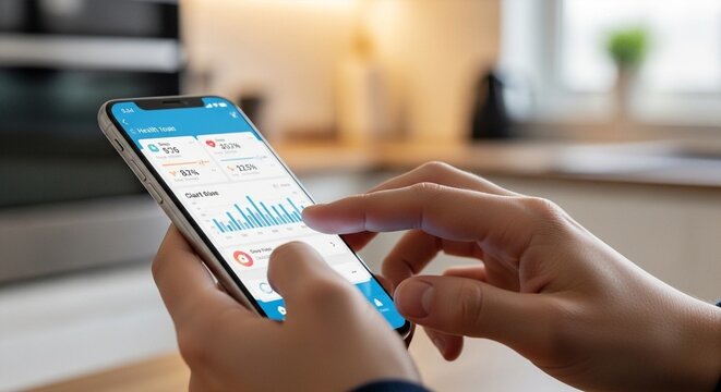 Person using a smartphone health app with charts and data on the screen