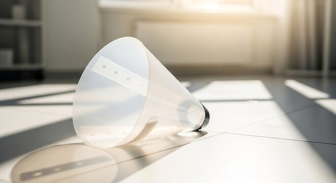 Clear plastic veterinary cone collar lying on a clean tiled floor with sunlight streaming through a window