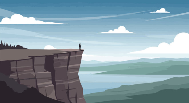 Lone figure on cliff edge overlooking vast mountain landscape and lake