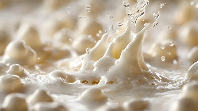 Close up of creamy dairy product splashing with dynamic milk droplets and foam texture capturing the rich, smooth consistency ideal for food or beverage branding and advertising contexts.