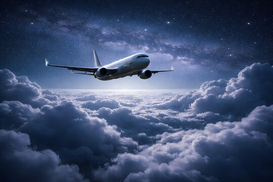 Jet airplane flying over clouds under starry night sky, showing peaceful night travel and long-distance aviation journey.