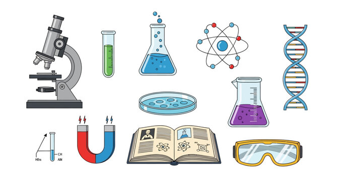Scientific equipment and concepts illustrated in a colorful cartoon style