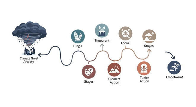 Stages of climate grief and empowerment illustrated pathway graphic isolated on white background