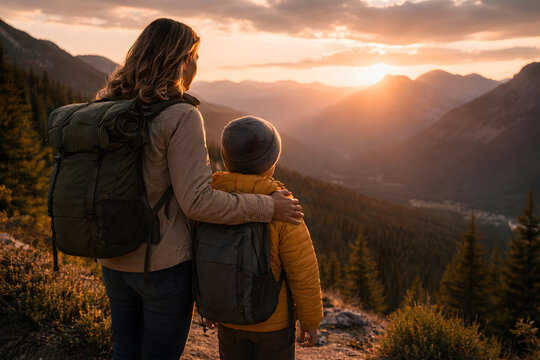 Parent and child with backpacks standing on mountain trail, enjoying sunset view, symbolizing bonding, adventure and outdoor exploration.