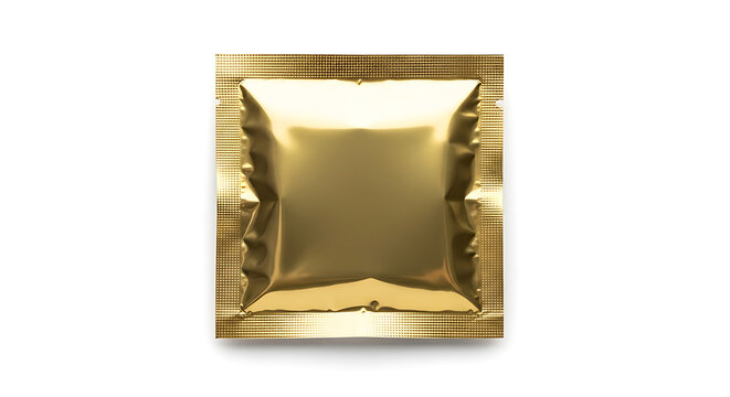 Single square gold foil condom wrapper isolated on white background for health and safety concept. metallic packaging for contraception, sexual wellness, medical protection and disease prevention