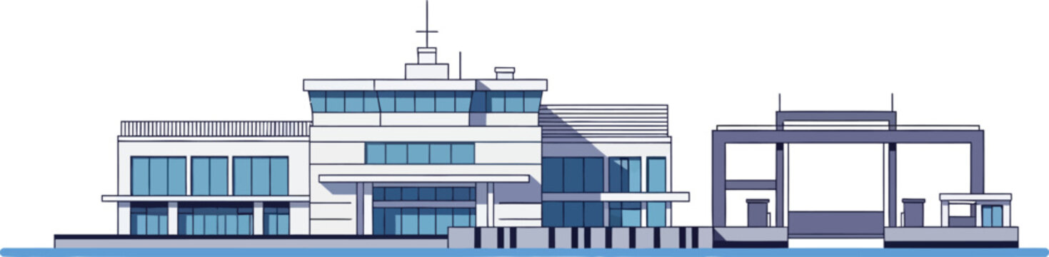 Modern seaport terminal building front elevation flat vector isolated white background