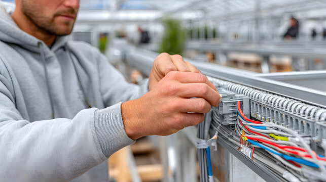 Hands work to install solar panels in workshop on afternoon, focusing on connection of wires and components