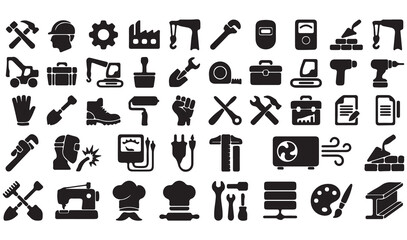 Industrial construction icons set, professional work tools and machinery vector collection, black silhouette labor and trade symbols for manual service © Madaheen