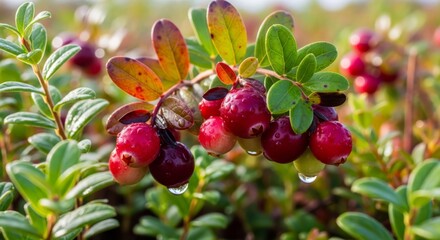 Obraz premium Plump Red Cranberries Growing on a Bush