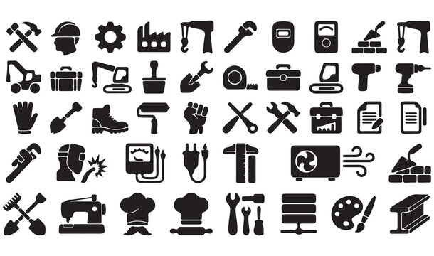 Industrial construction icons set, professional work tools and machinery vector collection, black silhouette labor and trade symbols for manual service