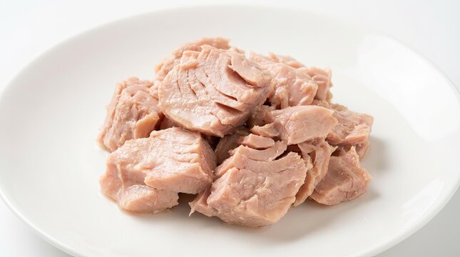 Canned tuna chunks on white plate, cooked tuna meat pieces, simple protein seafood food for meal prep isolated PNG with Transparent Background