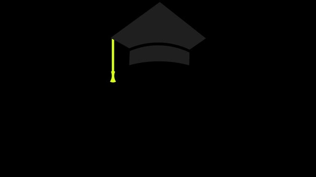 Graduation cap animation with congratulatory text. Graduation cap cartoon icon. Black screen background. 4k resolution.