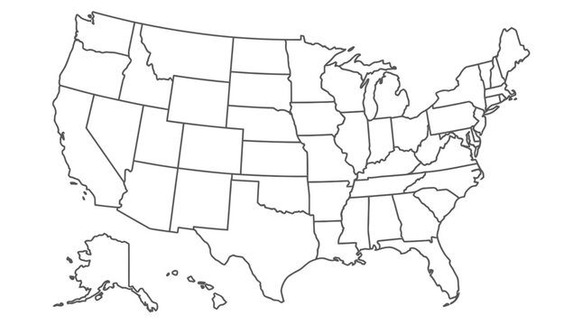 Outline Map of USA with All State Divisions on Isolated White Background, American Continent Map